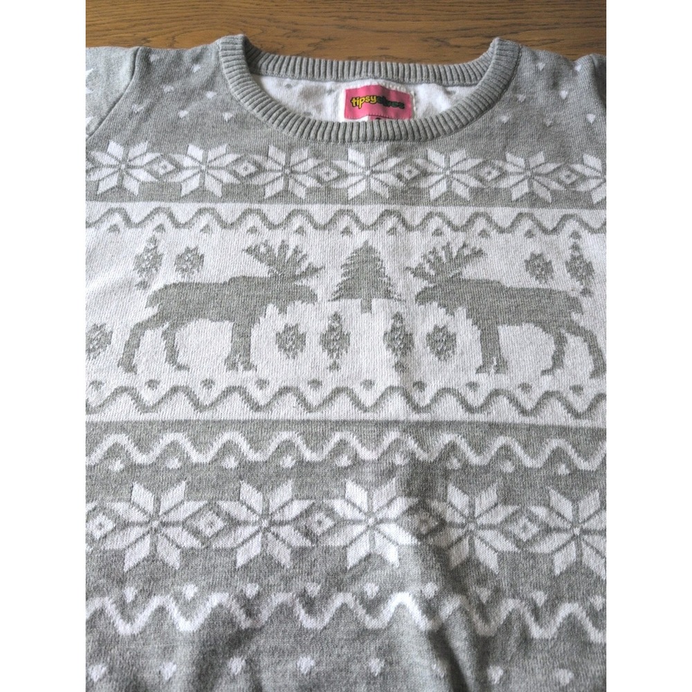 NWT Tipsy Elves Fair Isle Moose Christmas Sweater Sz XL Gray White Ugly EUC
